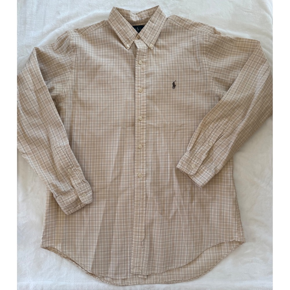 Polo Ralph Lauren Mens Large Classic Fit Plaid Button Down Shirt Tan Brown